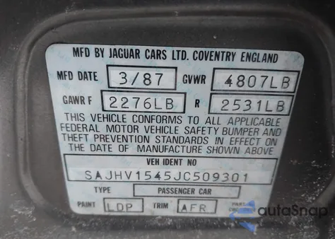 1988 Jaguar Xj6 z USA, uszkodzony, nr VIN SAJHV1545JC509301